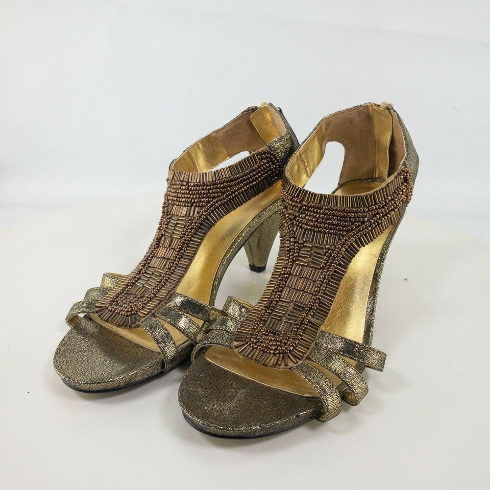 Nine West Womens Brown Gold 8 M Leather Beaded Back Zip Open Toe Heels #1587